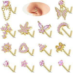 14 Pcs Women’s Gold & Pink Nose Rings Set 20G L Shaped Dangle Jewelry